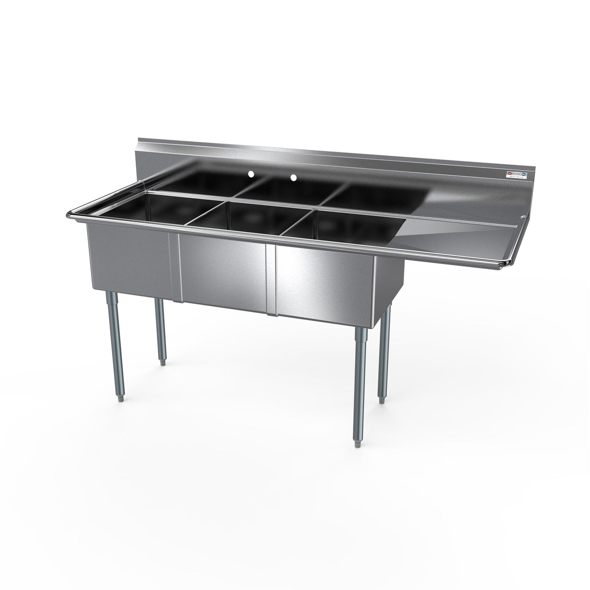 NBR Equipment 3SG-242414R24 98" Three Compartment Sink, 24"W x 24"L Bowl With Right-Hand Drainboard