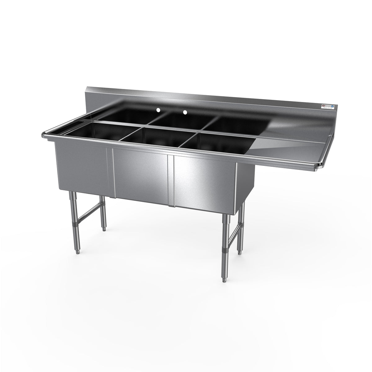 NBR Equipment 3SS-162014R18 70" Three Compartment Sink, 16"W x 20"L Bowl With Right-Hand Drainboard