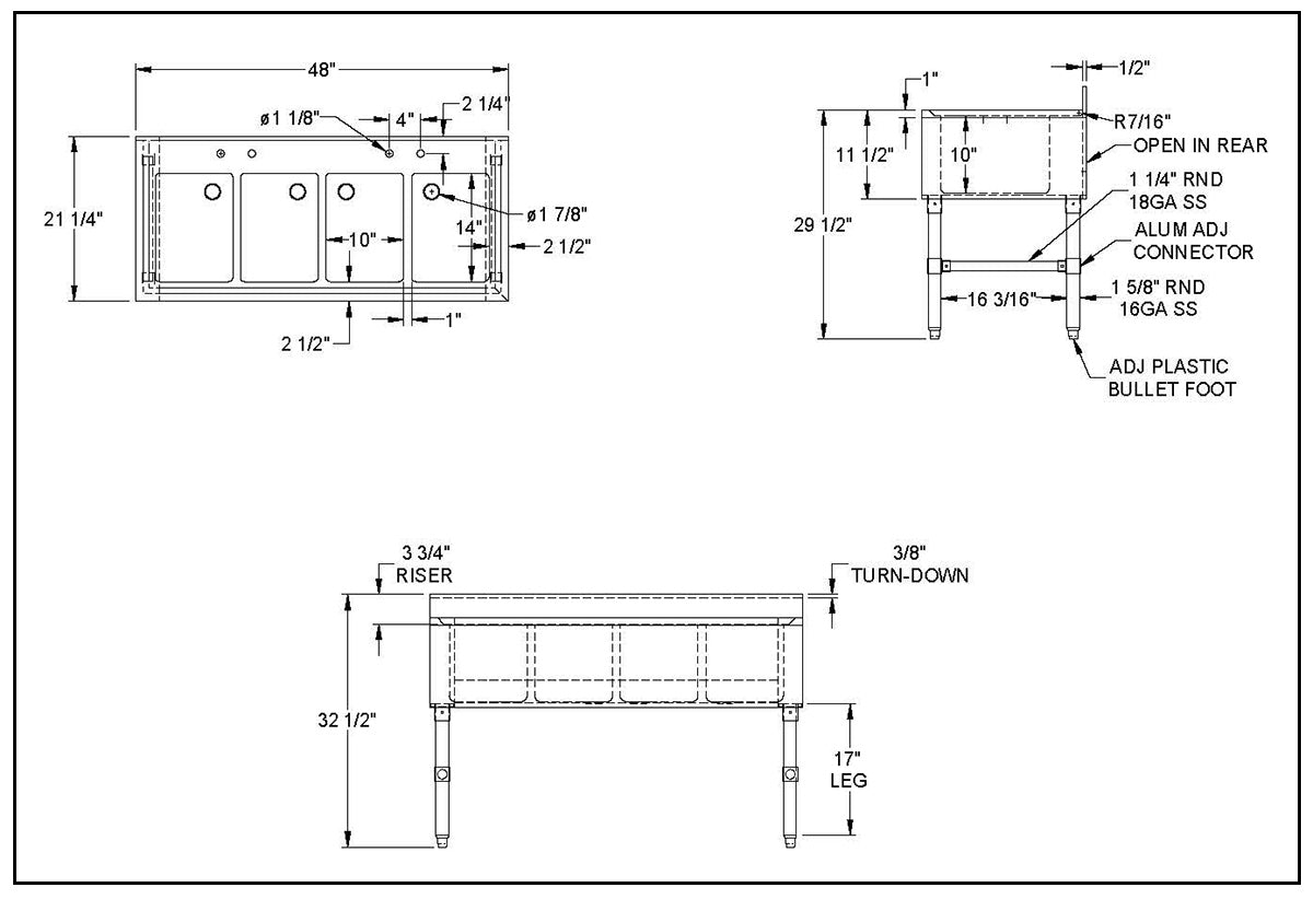 NBR Equipment UD-4-101410-48 Premium Underbar Sink Unit, 4 Compartment without Drainboard