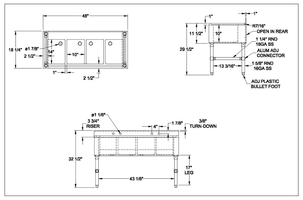 NBR Equipment UW-4-101410-48 Slim-Line Underbar Sink Unit, 4 Compartment without Drainboard