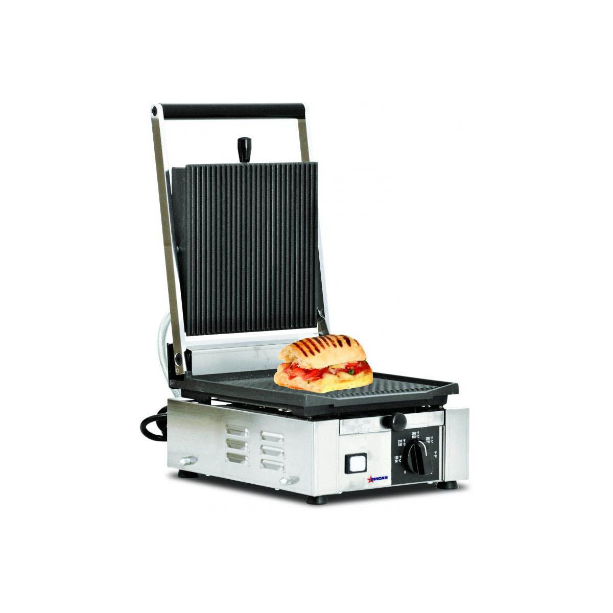 Omcan 11375 Single Sandwich Panini Grill w/ 9" x 10" Grooved Plates, 110V