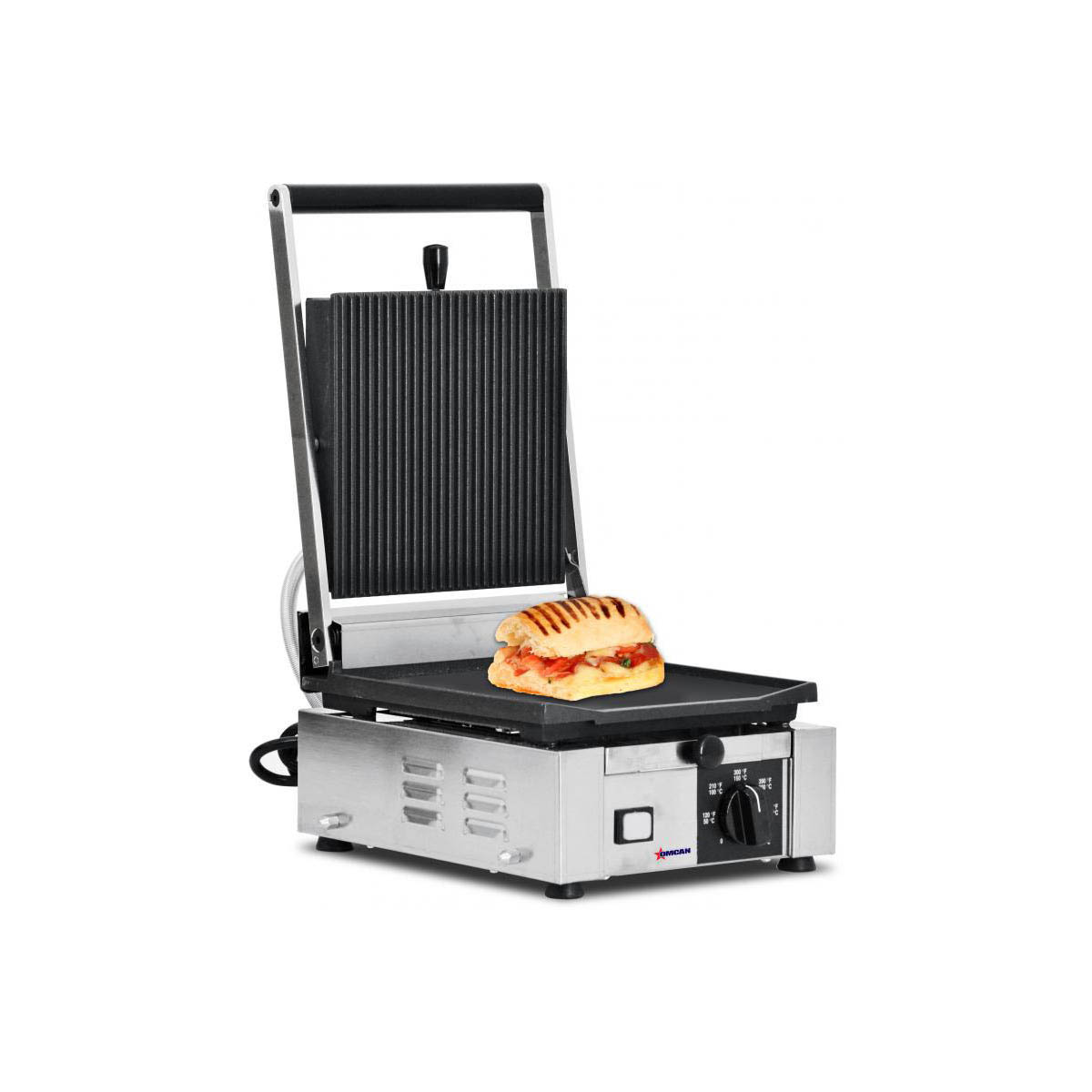 Omcan 11376 Single Sandwich Panini Grill w/ 9" x 10" Grooved & Smooth Plates, 120V