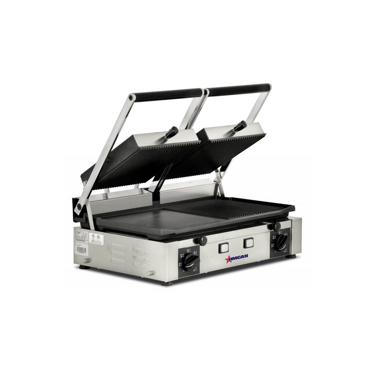 Omcan 11380 Double Sandwich Panini Grill w/ 19" x 10" Combination Plates, 220V
