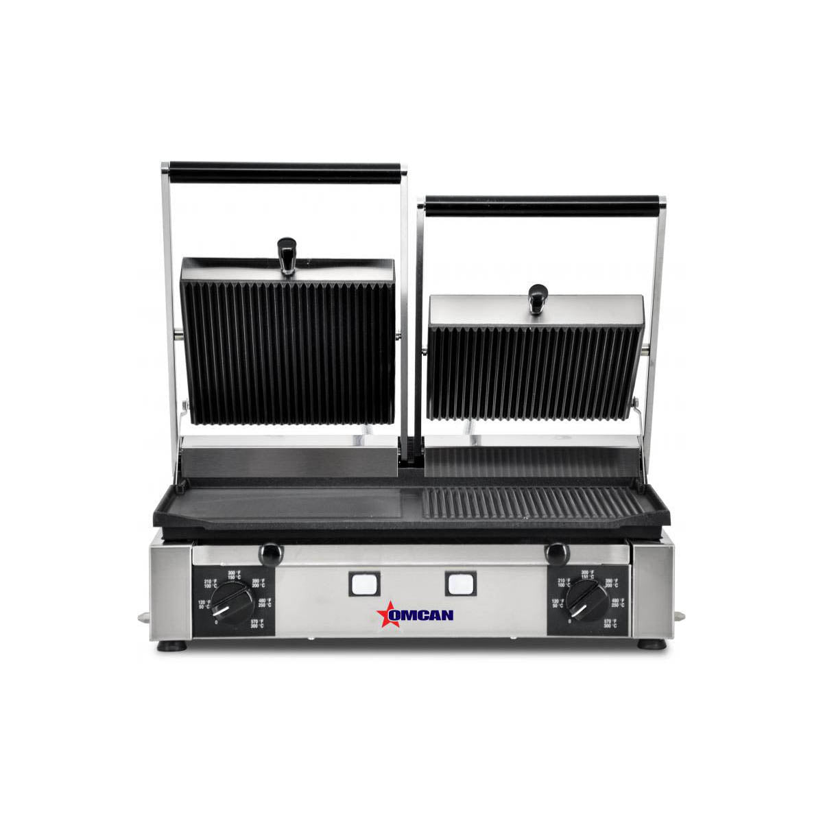 Omcan 11380 Double Sandwich Panini Grill w/ 19" x 10" Combination Plates, 220V