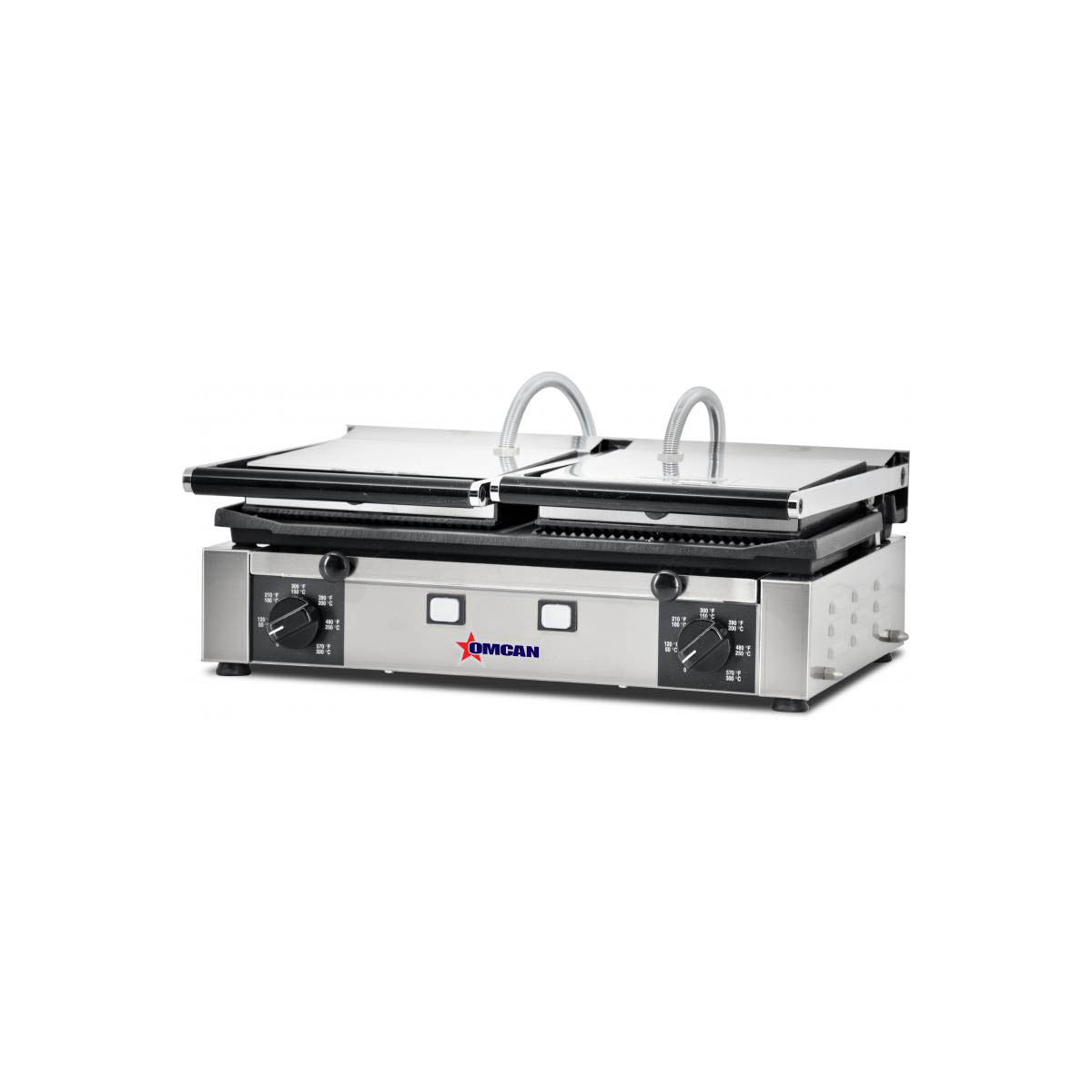 Omcan 11380 Double Sandwich Panini Grill w/ 19" x 10" Combination Plates, 220V