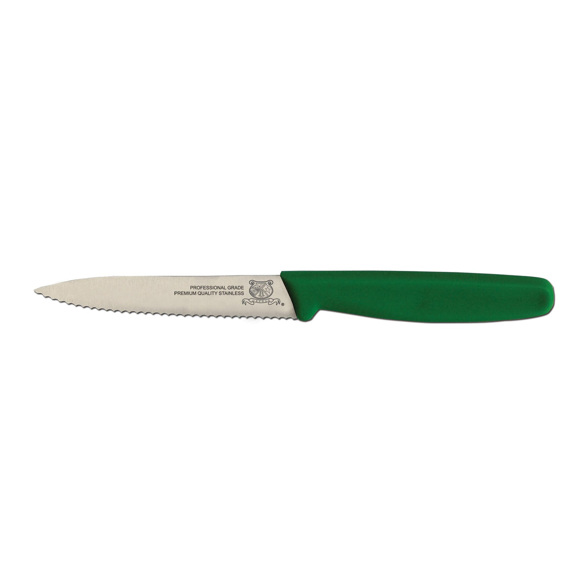 Omcan 11496 Paring Knife - 4" Spear Point, Wave Edge, Stainless Steel, Green Plastic Handle