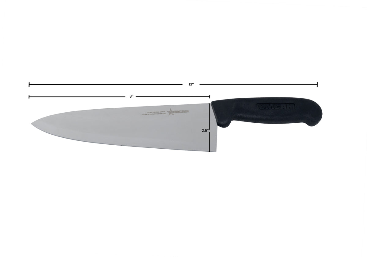 Omcan 11973 8" Cook Knife, Stamped Stainless Steel Blade, Black Polypropylene Handle, Regular