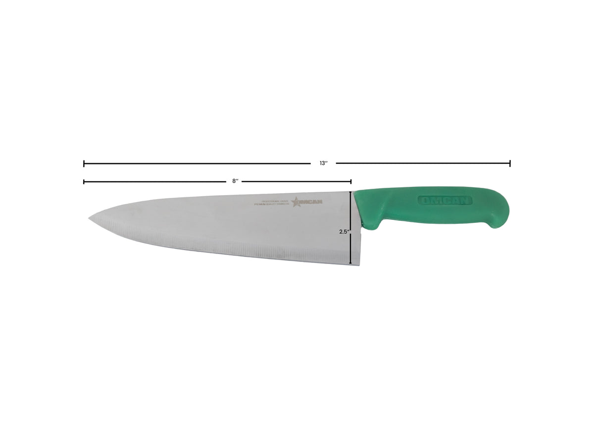 Omcan 12003 Chef Knife - 8" Blade Stamped Stainless Steel Green Polypropylene Handle - Cutlery