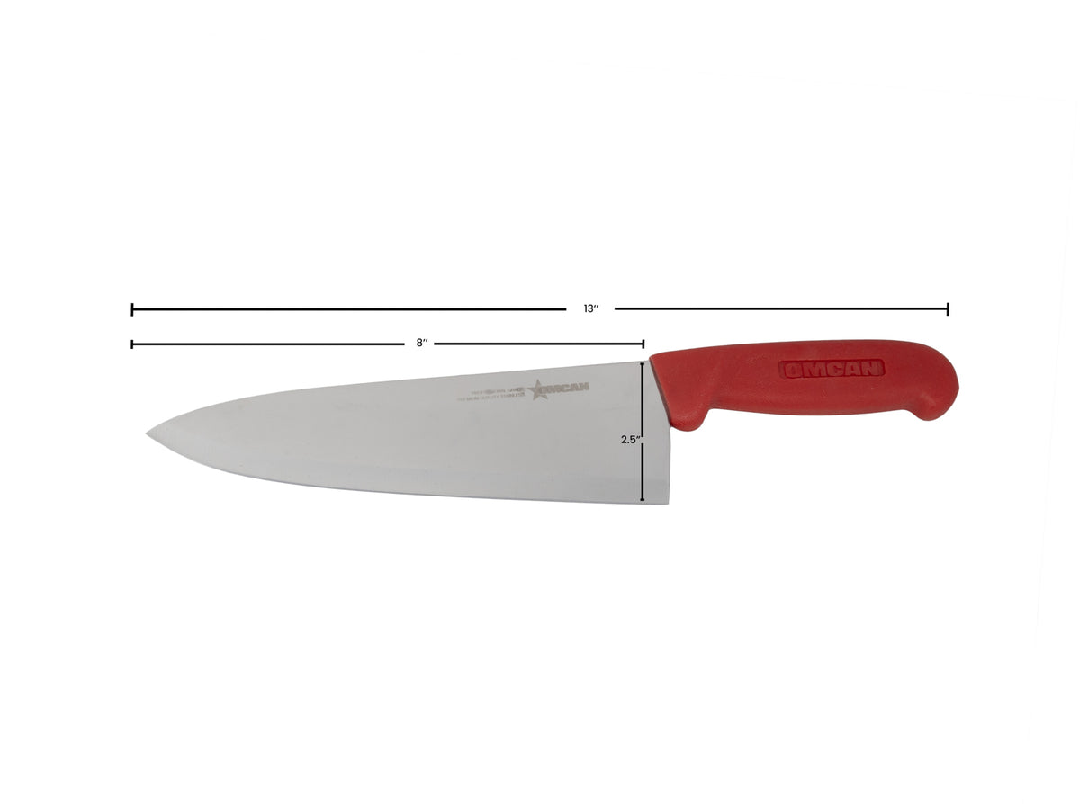 Omcan 12008 Chef Knife - 8" Stamped Blade, Steel, Red Polypropylene Handle, 7-9" Length