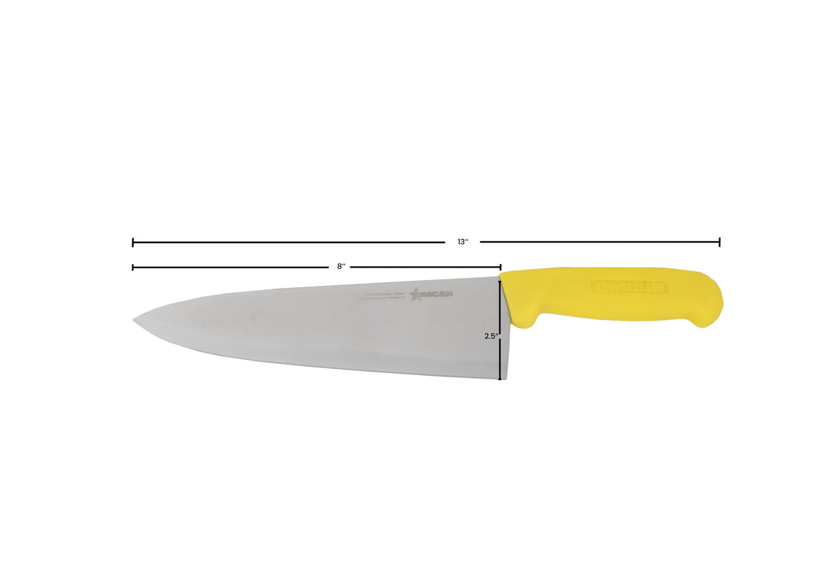 Omcan 12016 Chef Knife - 8" Blade, Stainless Steel, Yellow Polypropylene Handle, 7"-9" Length