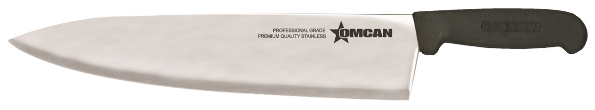Omcan 12044 Chef Knife - 12" Stamped Knife, Stainless Steel Blade, Black Plastic Handle, Medium