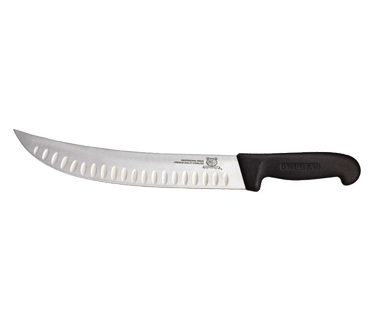Omcan 12173 Butcher Knife, 12" Granton Edge, Stamped Blade, Black Plastic Handle