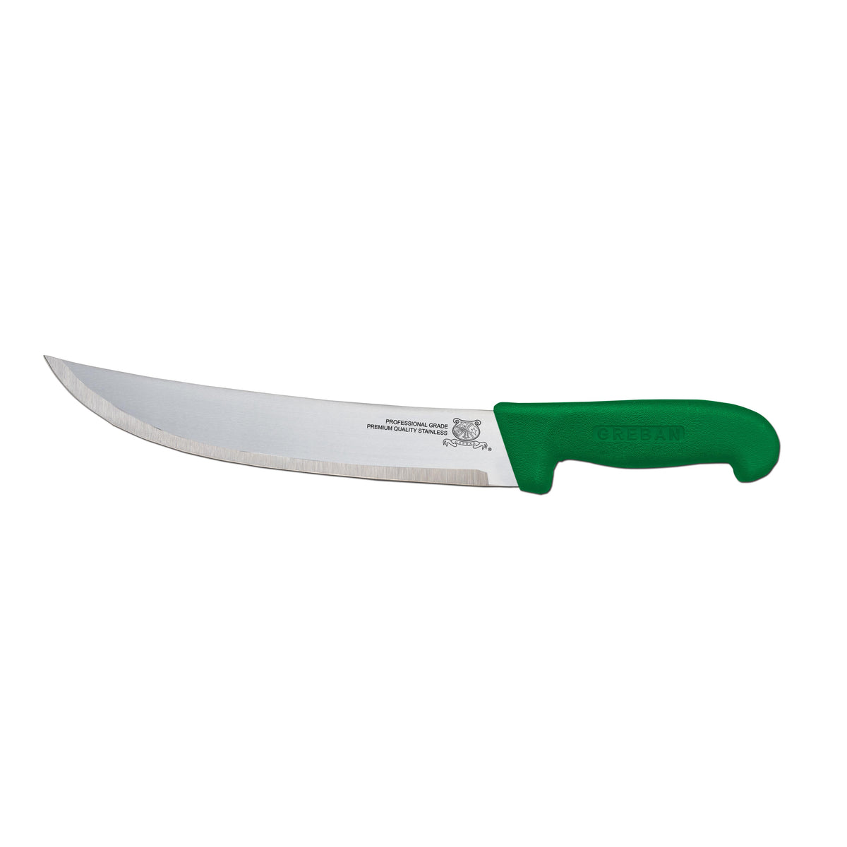 Omcan 12215 Steak Knife - 10" Curved Stainless Steel Blade, Green PP Handle, Stamped
