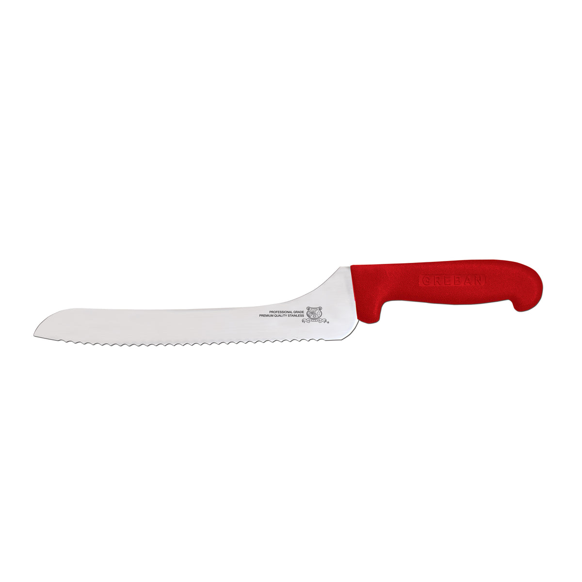 Omcan 12440 Slicing Knife - 9" Off-Set Blade, Wave Edge, Stamped Style, Red Polypropylene Handle