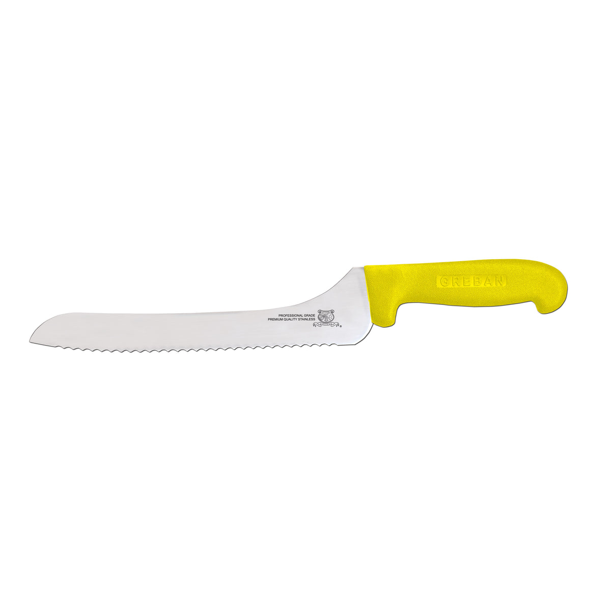 Omcan 12444 Slicing Knife, 9" Off-Set Blade, Wave Edge, Stamped, Yellow Polypropylene Handle