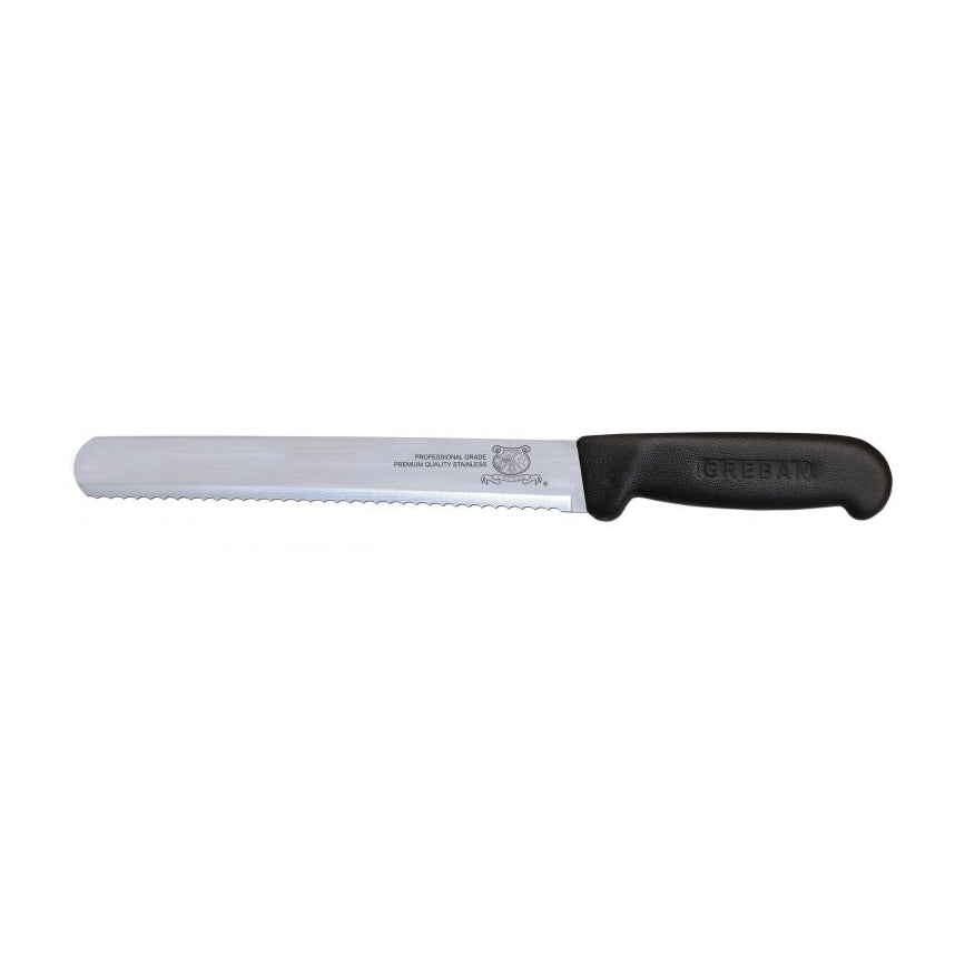 Omcan 12644 Slicing Knife - 10" Straight Wave Blade, Stamped Style, Black Polypropylene Handle