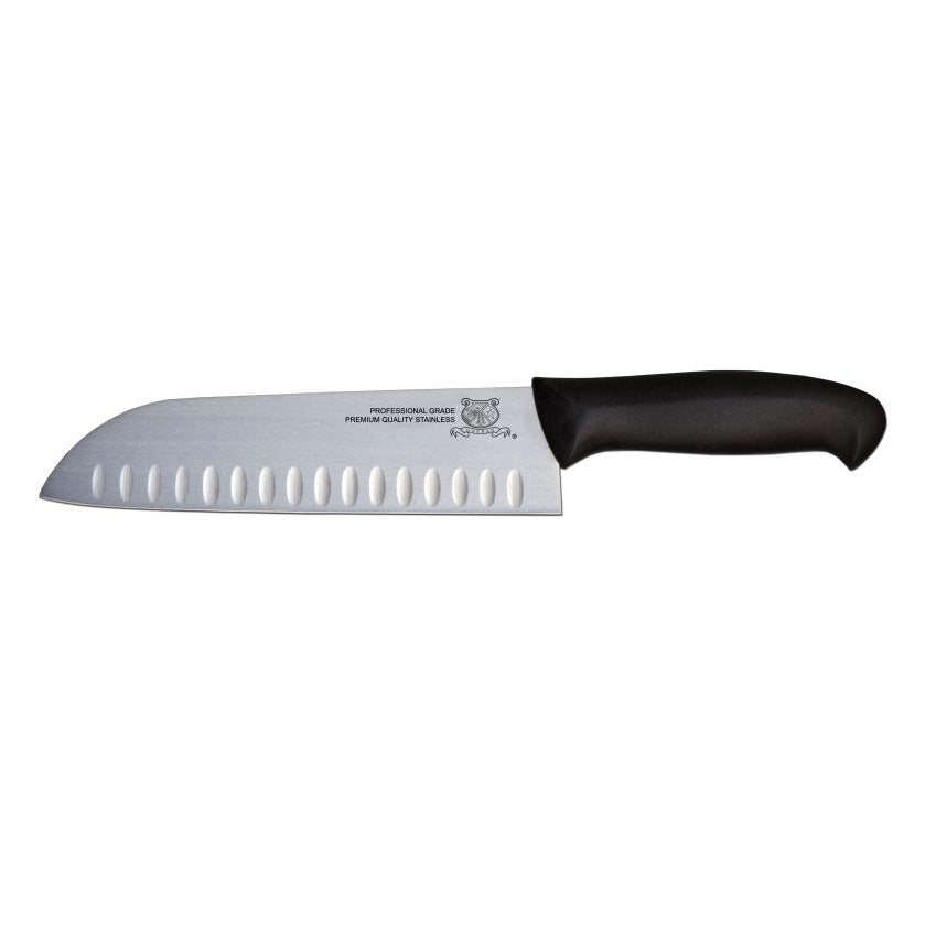 Omcan 12761 7" Granton Edge Chef Knife, Stainless Steel Blade, Black Plastic Handle, Cutlery