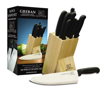 Omcan 12887 10-Piece Knife Block Set with assorted 3-1/2" to 10" knives, wooden block - Set