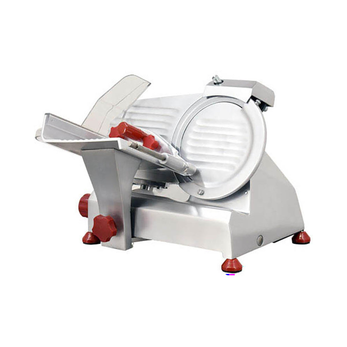 Omcan 13607 Meat Slicer - 8" Carbon Steel Blade, Manual Gravity Feed, Belt Drive, 1/5 HP 110V, Anodized Aluminum