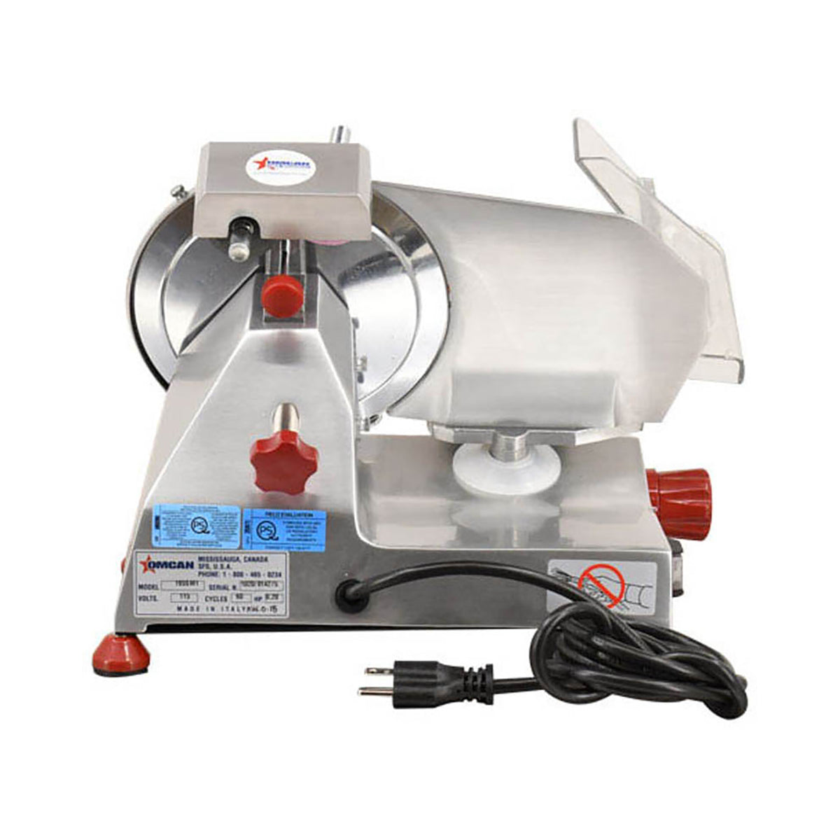 Omcan 13607 Meat Slicer - 8" Carbon Steel Blade, Manual Gravity Feed, Belt Drive, 1/5 HP 110V, Anodized Aluminum