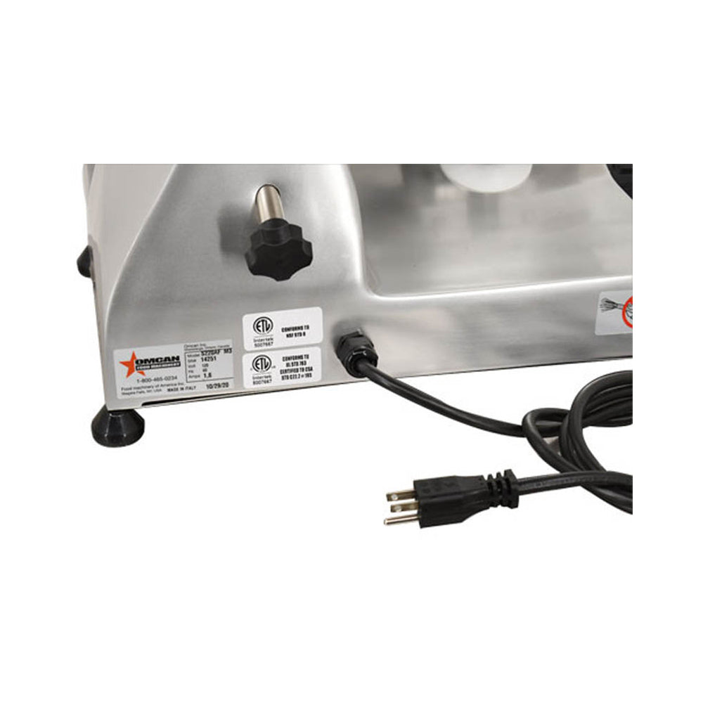Omcan 13616 Meat Slicer - 9" Carbon Steel Blade, Belt-Driven, 1/4 HP, 120V 60Hz, Anodized Aluminum