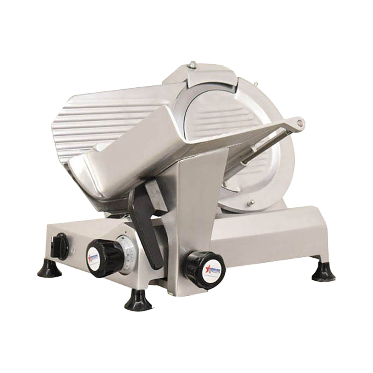 Omcan 13625 Meat Slicer - 11" Carbon Steel Blade, Belt-Driven Gravity Feed, Aluminum, .35 HP, 110V, NEMA 5-15P | anodized aluminum