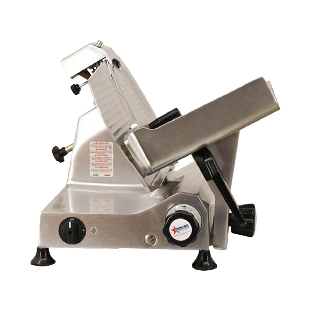 Omcan 13625 Meat Slicer - 11" Carbon Steel Blade, Belt-Driven Gravity Feed, Aluminum, .35 HP, 110V, NEMA 5-15P | anodized aluminum