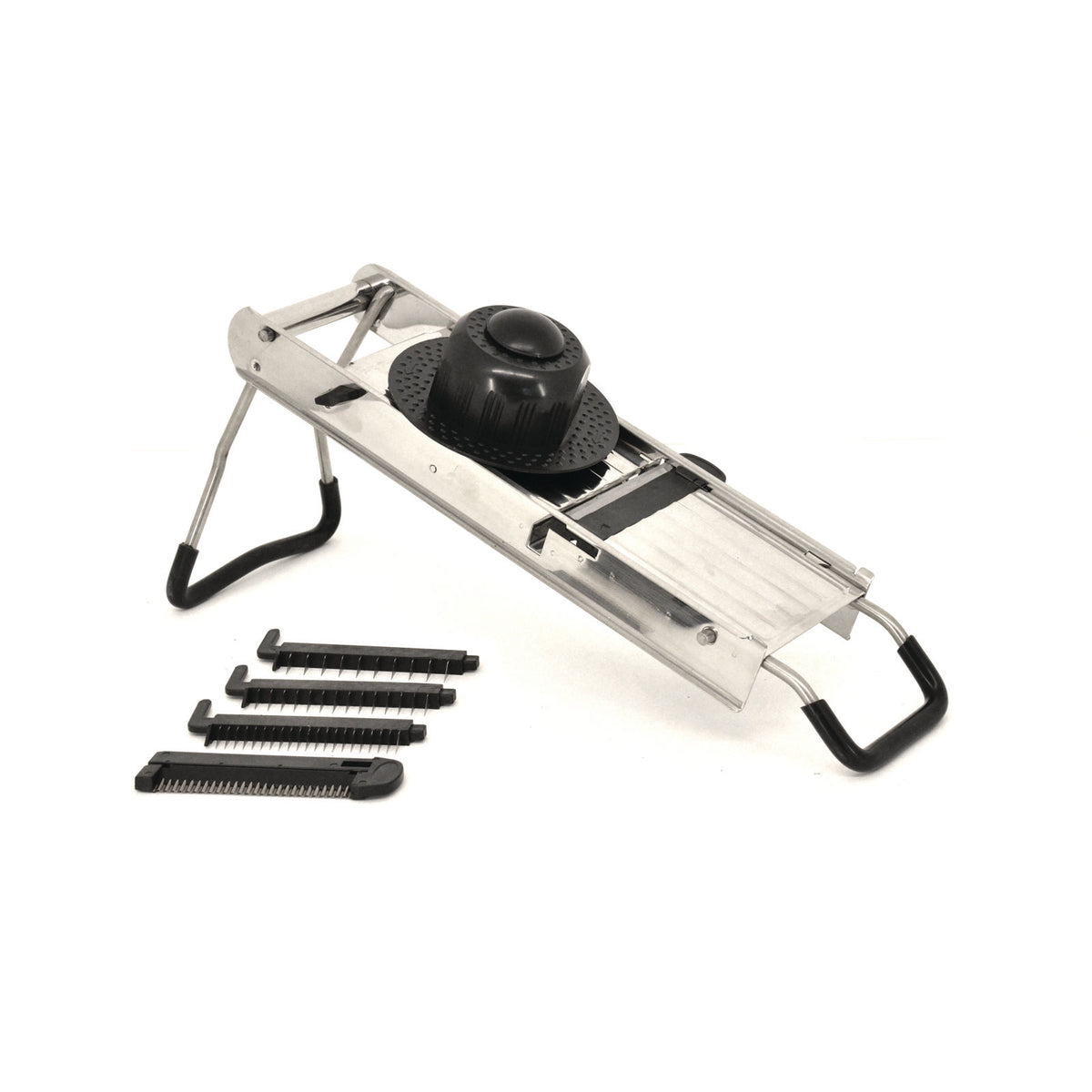 Omcan 13659 Mandoline Slicer - 5-Blade Set, -1/2" Adjustable Thickness, 18/10 SS Frame & Blades, Pusher, Rubber Feet