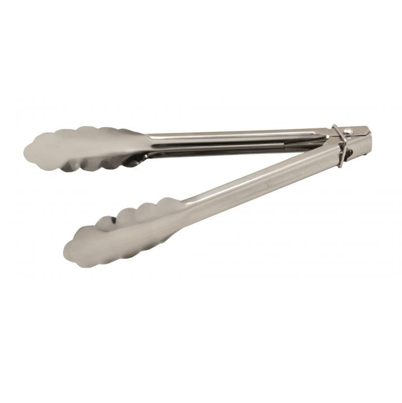 Omcan 13957 Utility Tongs - 9" Stainless Steel, Non-Coated Handle, Locking Ring, Size 3-9" Range