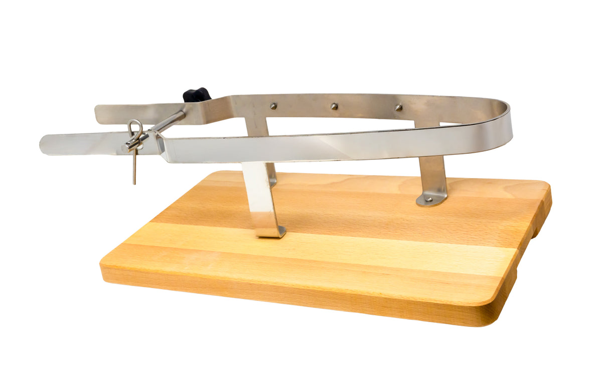 Omcan 19192 Prosciutto Holder, 18/8 Stainless Steel, Wooden Base Tabletop Display | 23.15" Wide
