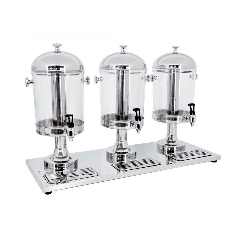 Omcan 19480 Triple Juice Dispenser - 3x8-Qt Clear Tanks, Metal Base, Ice Tubes, Taps & Tray | 15.15" Wide