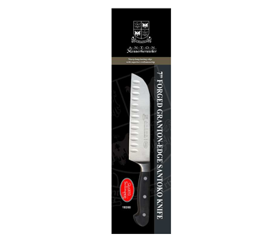 Omcan 21883 Premium Santoku Knife, 7" Forged Stainless Steel Blade, Granton Edge, Black Handle