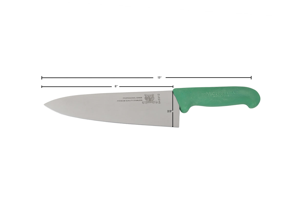 Omcan 23875 Chef Knife - 8" Stamped Steel Blade, Green Plastic Handle, 7"-9" Length, Cutlery