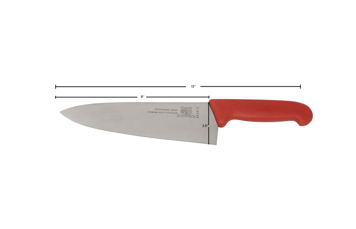 Omcan 23876 Chef Knife, 8" Stamped Stainless Steel Blade, Red Plastic Handle, 7"-9" Length