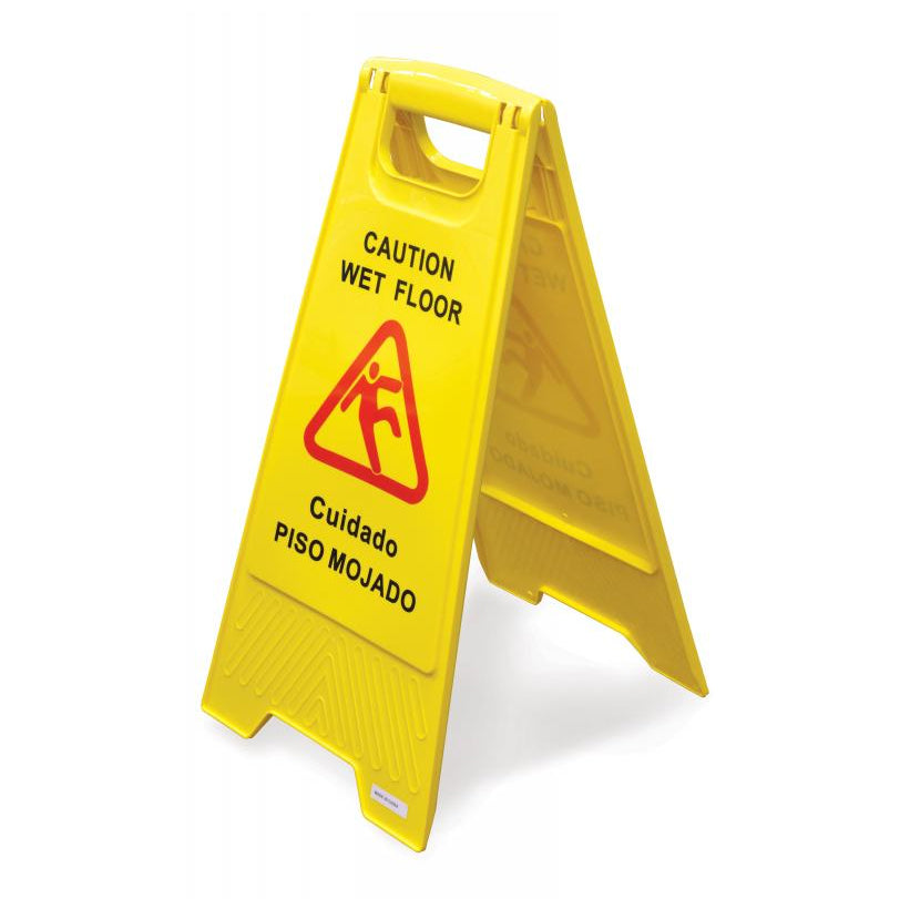 Omcan 24414 Wet Floor Sign - A-Frame 24" Yellow Plastic, English Spanish, 20-24" Height
