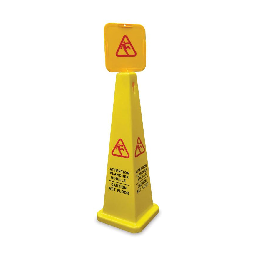 Omcan 24417 Wet Floor Sign, 4-Sided Cone, Yellow Plastic, Height 25"-35", English/French