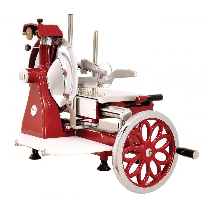 Omcan 26074 Trento Volano Meat Slicer - 14" Carbon Steel Blade, Manual Feed, Variable Thickness, Aluminum Body | stainless steel & aluminum
