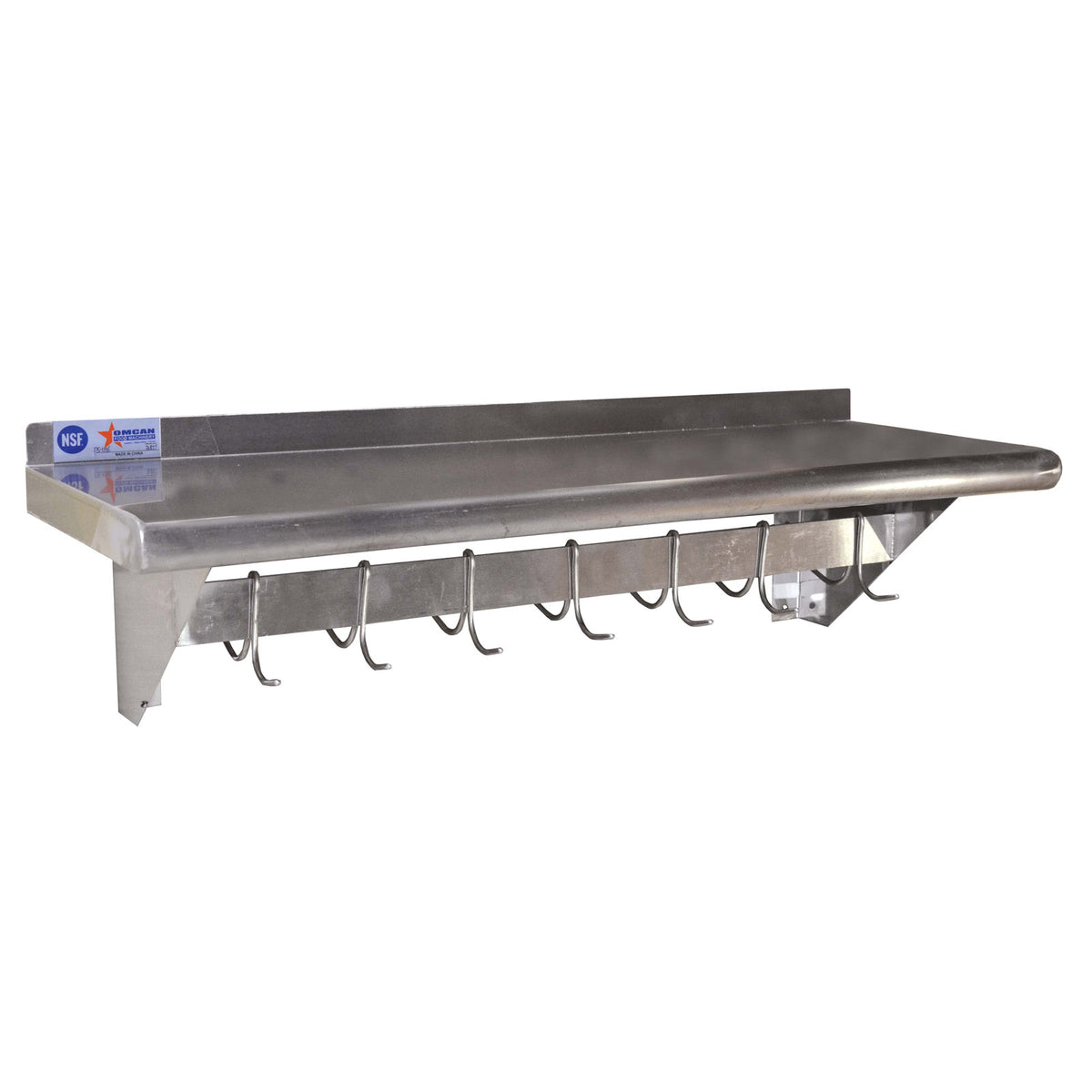 Omcan 31852 Wall-Mounted Pot Rack Overshelf, 12" x 48", Stainless Steel, 9 Hooks, 37-48" Width, NSF