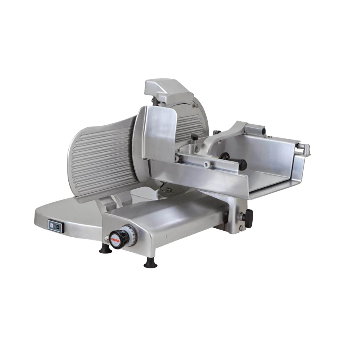 Omcan 38915 Omas S Series Horizontal Meat Slicer - 15" Carbon Steel Blade, Gear-Driven Motor, 2/5 HP, 110V, Anodized Aluminum Body, Manual Feed