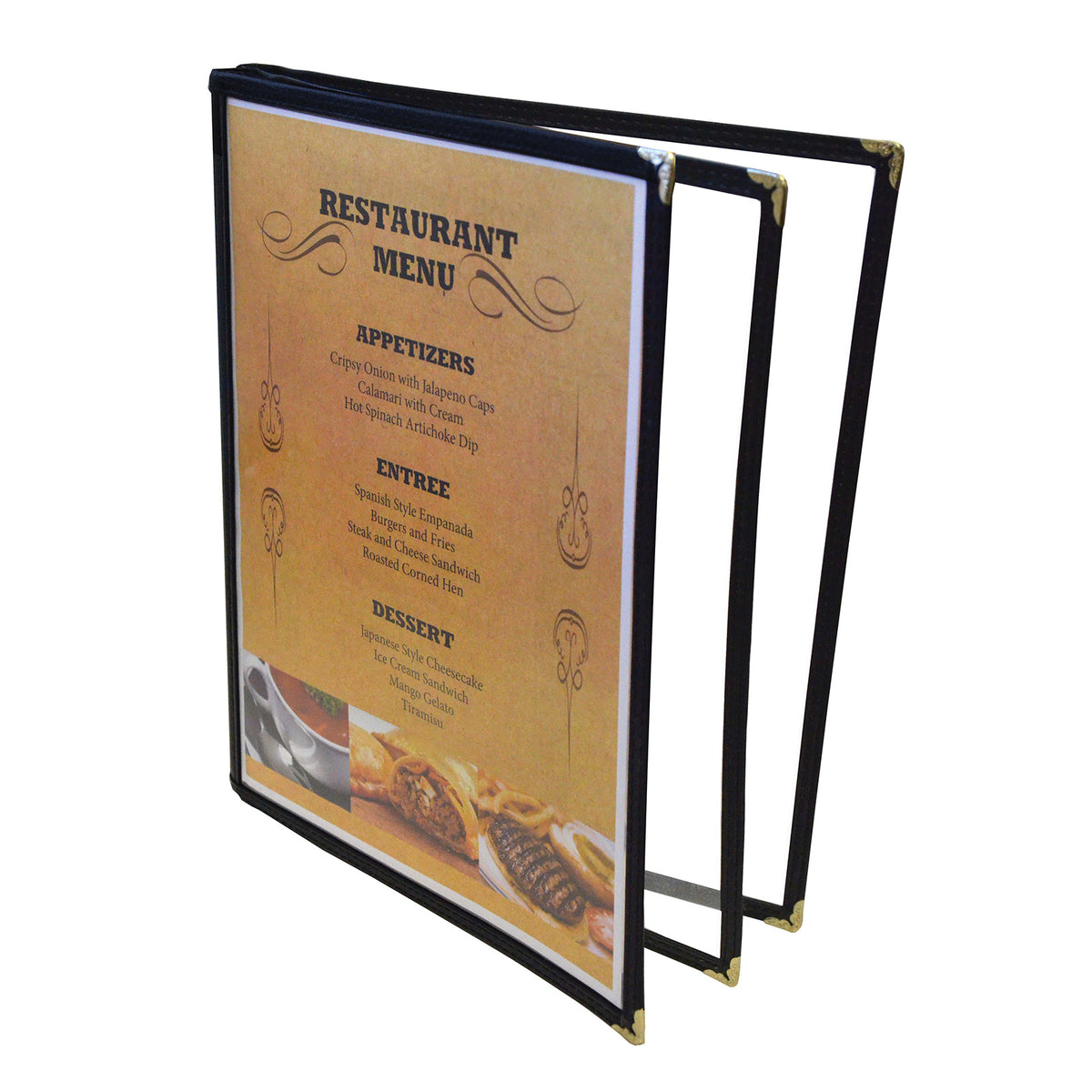 Omcan 39798 Menu Cover, 9-1/4" x 11-3/4" Triple-Fold Black Plastic with Metal Decorative Corners