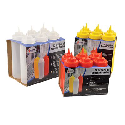 Omcan 40475 32oz Red Squeeze Bottle, Wide Mouth, Single Tip, Dishwasher Safe, 4/Set | 32 oz