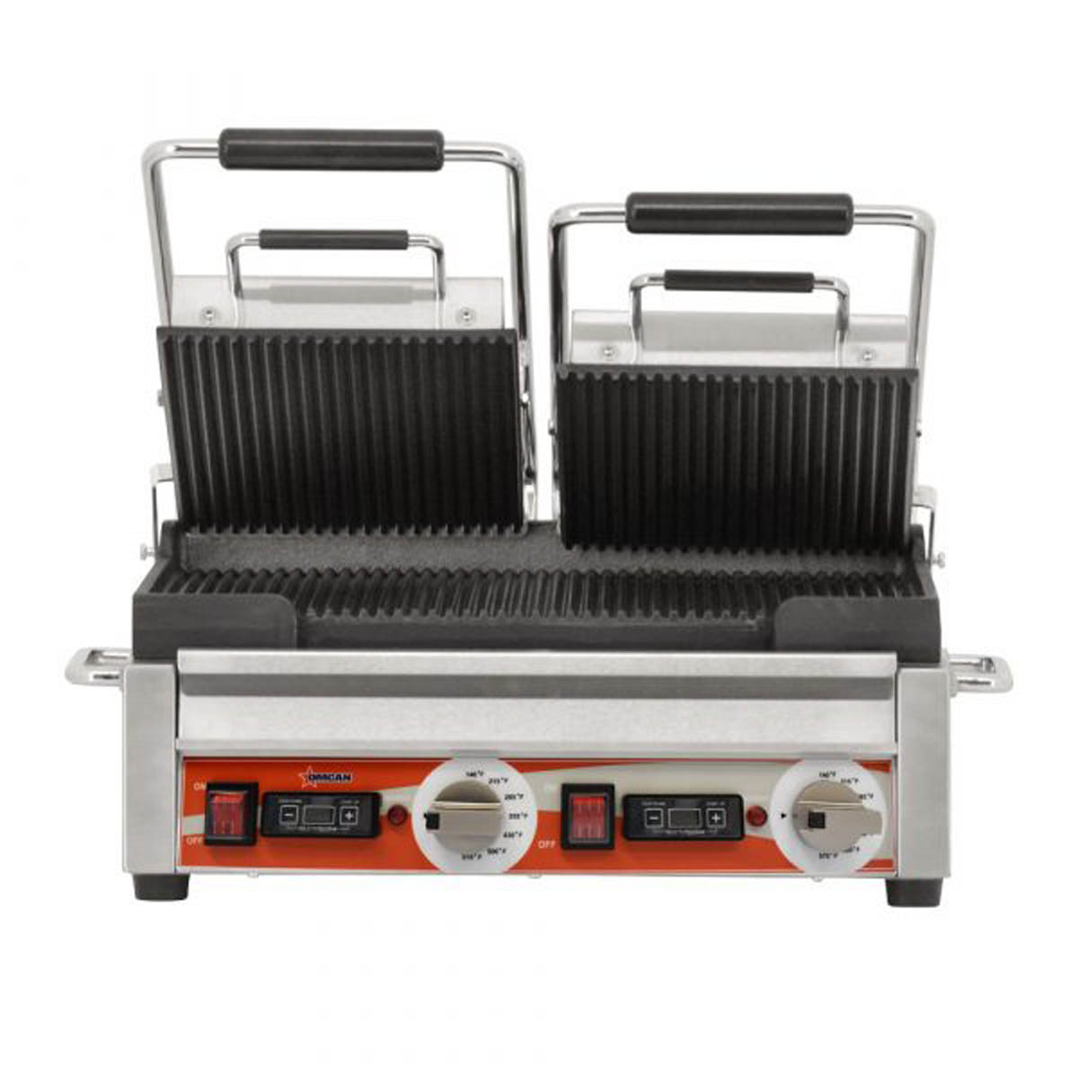 Omcan 42914 Double Sandwich Panini Grill w/ Timer, 18" x 10" Grooved Plates, 220V