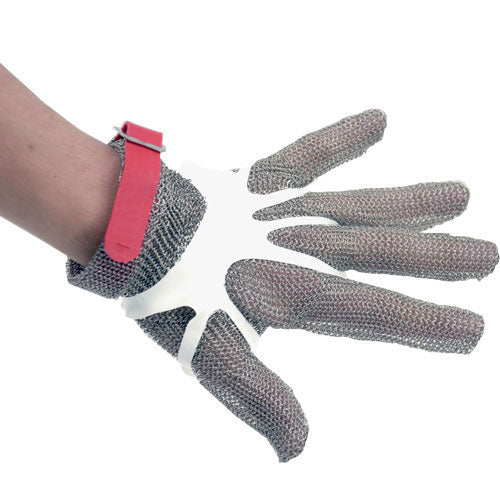 Omcan 44351 Mesh Cut-Resistant Glove, 5-Finger Medium, Stainless Steel, Red Silicone Strap | 0" Wide