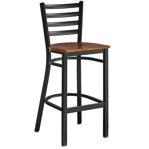 Omcan 47592+69742 Bar Height Metal Ladder Back Chair with Walnut Wood Seat, Armless, Legs Base