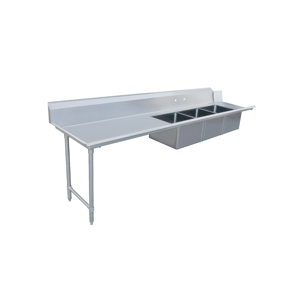 Omcan 48499 96" S.Steel Soiled Straight Dishtable - 16 Gauge, 20"x20" 3 Sinks / Left-to-Right