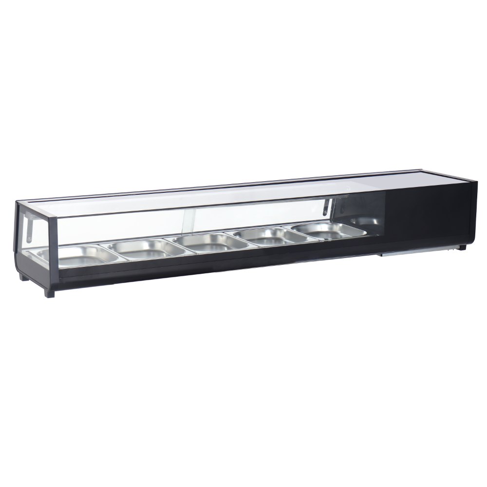 Omcan 48670 71" Black Sushi Display, 132 L Capacity, Glass Front Sliding Door, R290 Refrigerant
