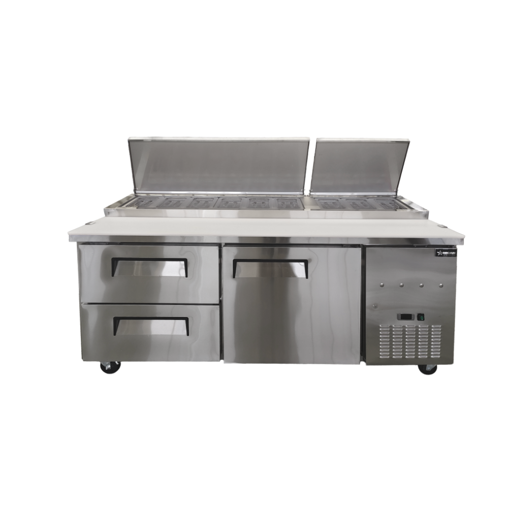Omcan 49298 71" 2-Door Refrigerated Pizza Prep Table, 22 cu. ft., 9 Pans