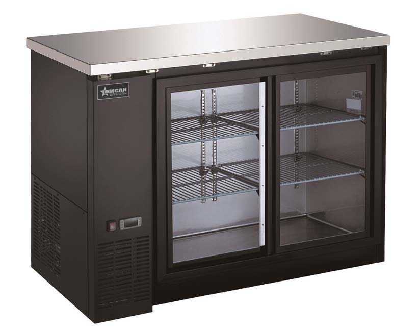 Omcan 51058 back bar cooler, front angle view, sliding glass doors