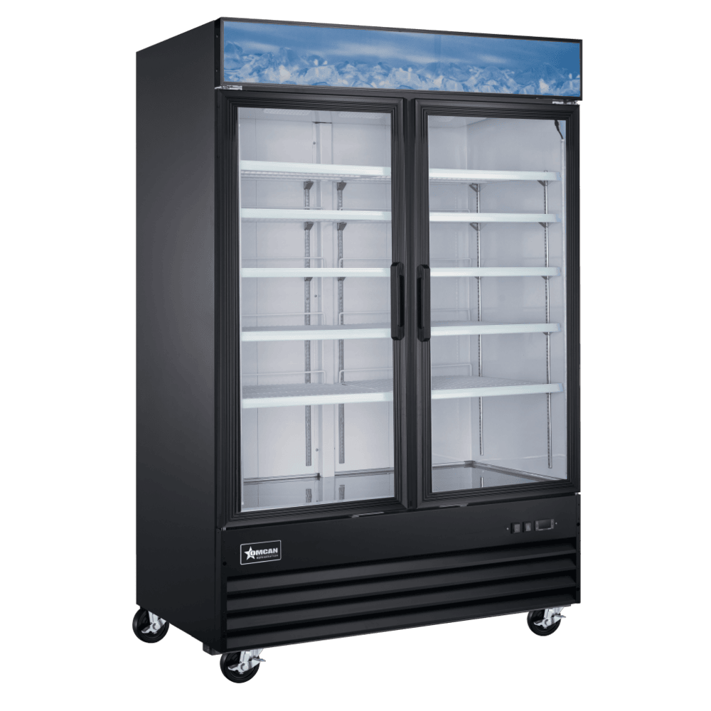Omcan 51075 53" Glass Door Reach-In Freezer, 45 cu ft, Black Steel, R290, Auto Defrost