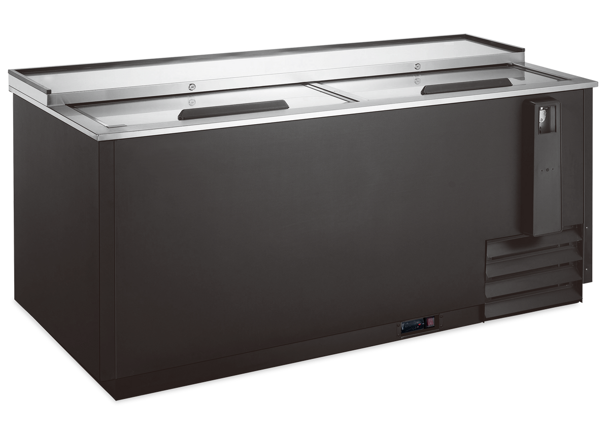 Omcan 59040 Bottle Cooler - 17.2 cu ft Capacity, 1/6 HP Compressor, Black Vinyl, Lockable Lids | 64.5" Wide